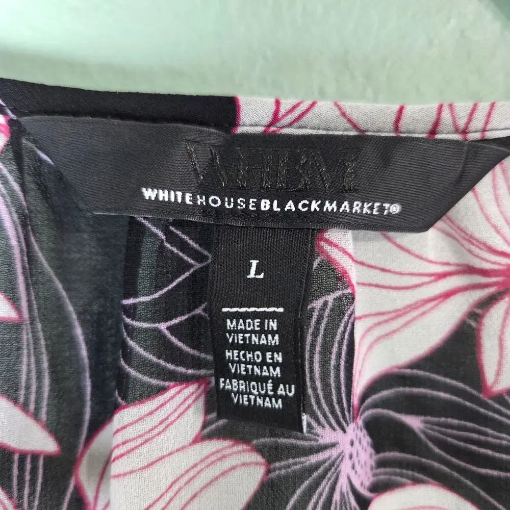 White House Black Market Womens Pink Floral Ruffle Sheer LS Blouse Size Large